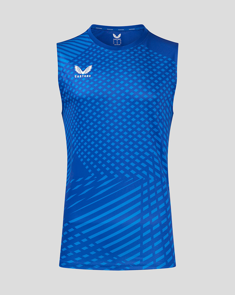 Blue sleeveless men's vest with bold geometric print and a white logo on the chest.