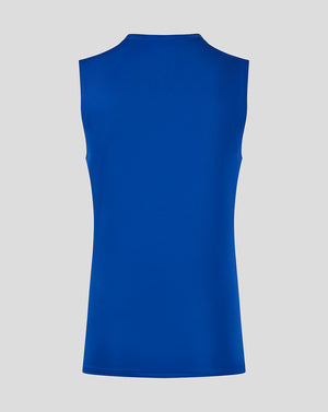 Back view of a plain blue sleeveless men's vest.