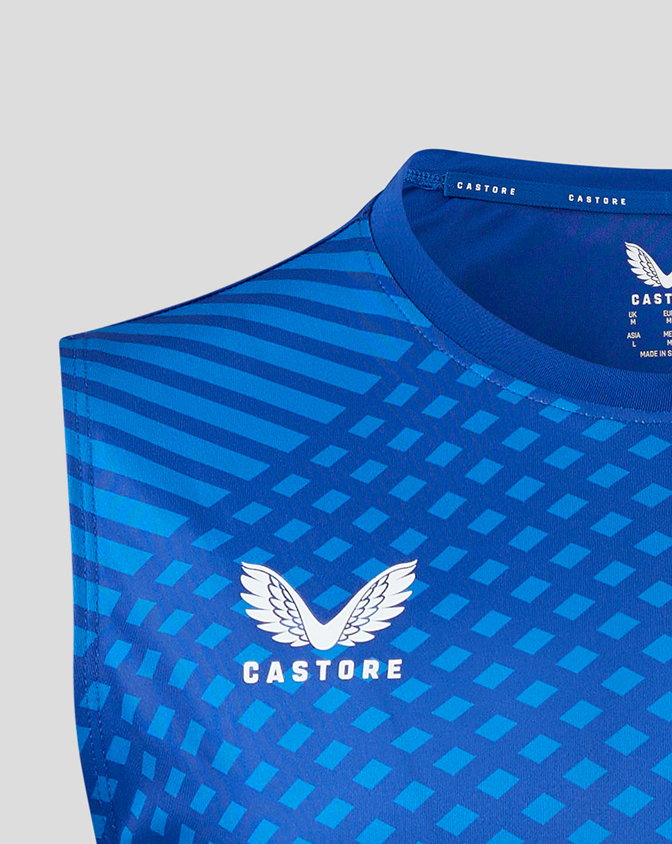 Blue geometric printed men's vest with a white Castore logo on the chest.