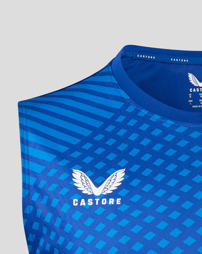 Blue geometric printed men's vest with a white Castore logo on the chest.