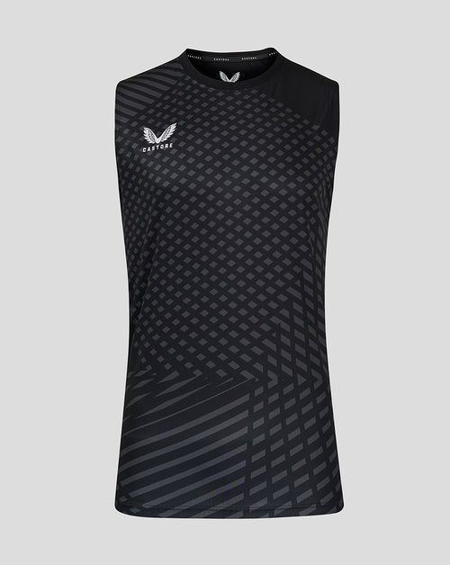 Black geometric printed mens singlet with sleeveless cut and white Castore logo on the chest