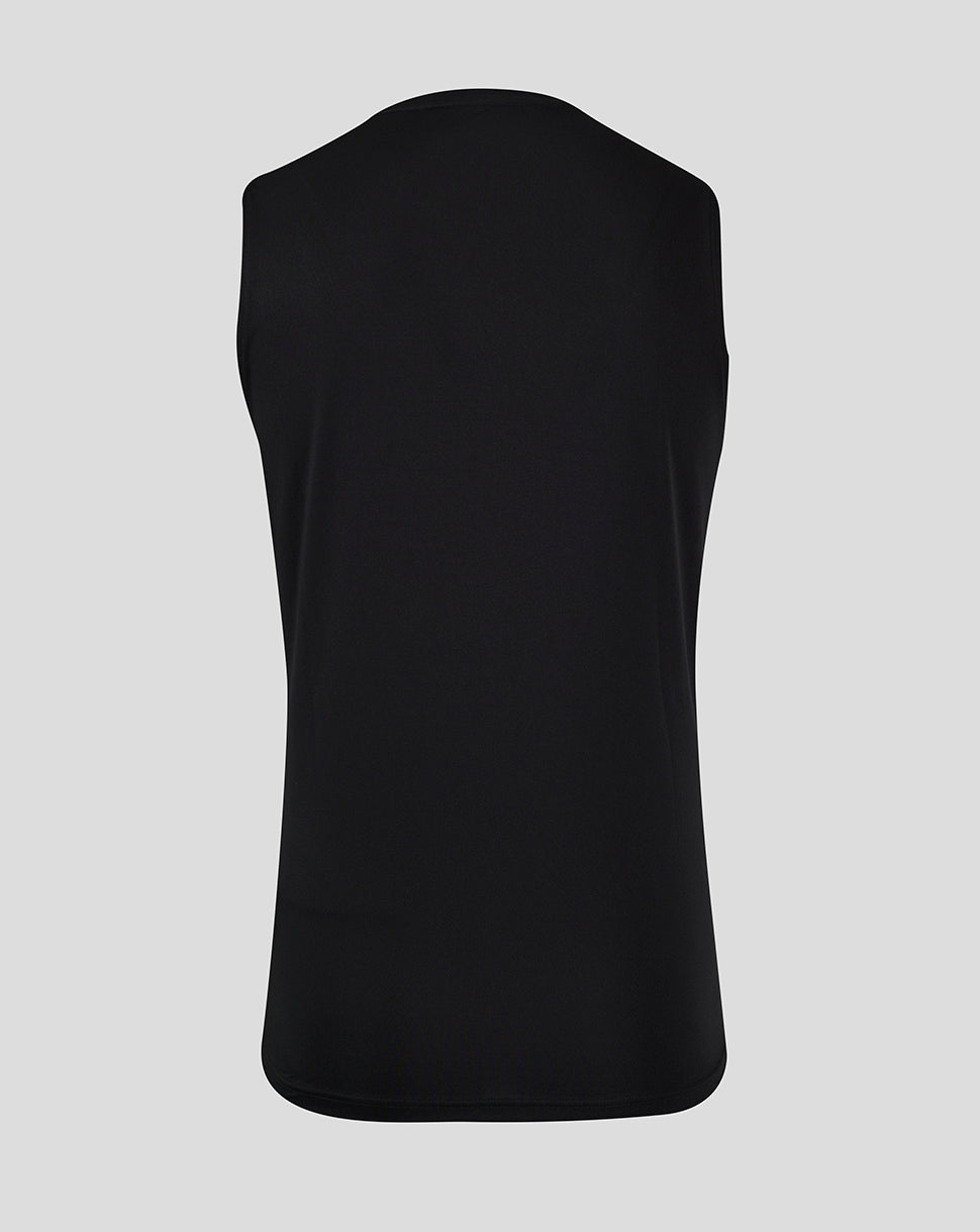 Back view of Geometric Printed Mens Singlet in black with smooth fabric and rounded hem