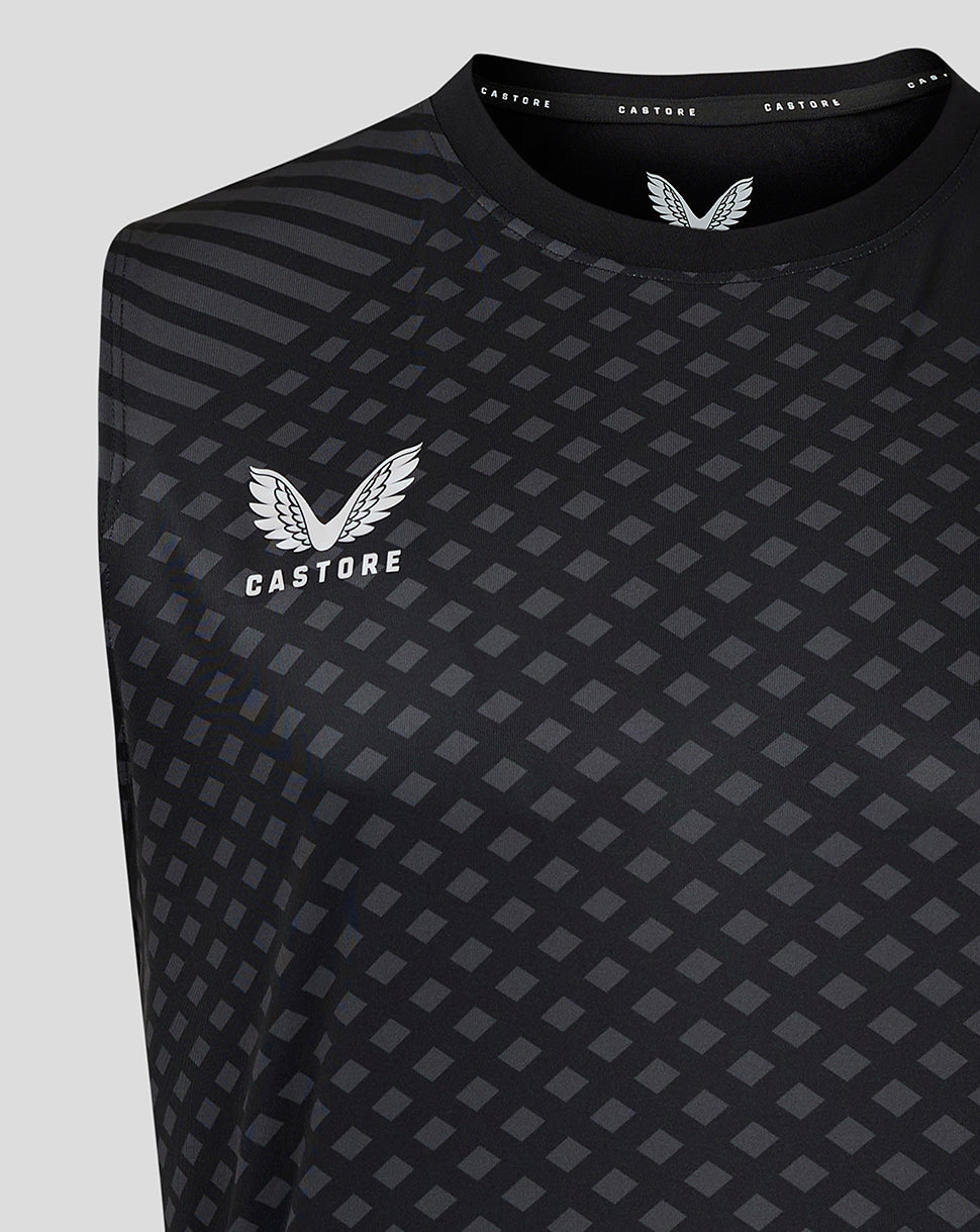 Front close up of Geometric Printed Mens Singlet in black with white Castore wing logo and diamond grid pattern