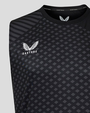 Front close up of Geometric Printed Mens Singlet in black with white Castore wing logo and diamond grid pattern