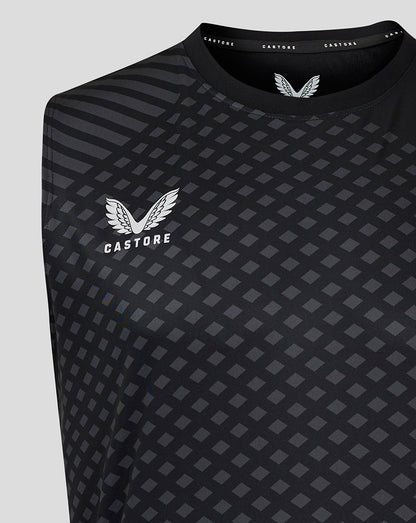 Front close up of Geometric Printed Mens Singlet in black with white Castore wing logo and diamond grid pattern