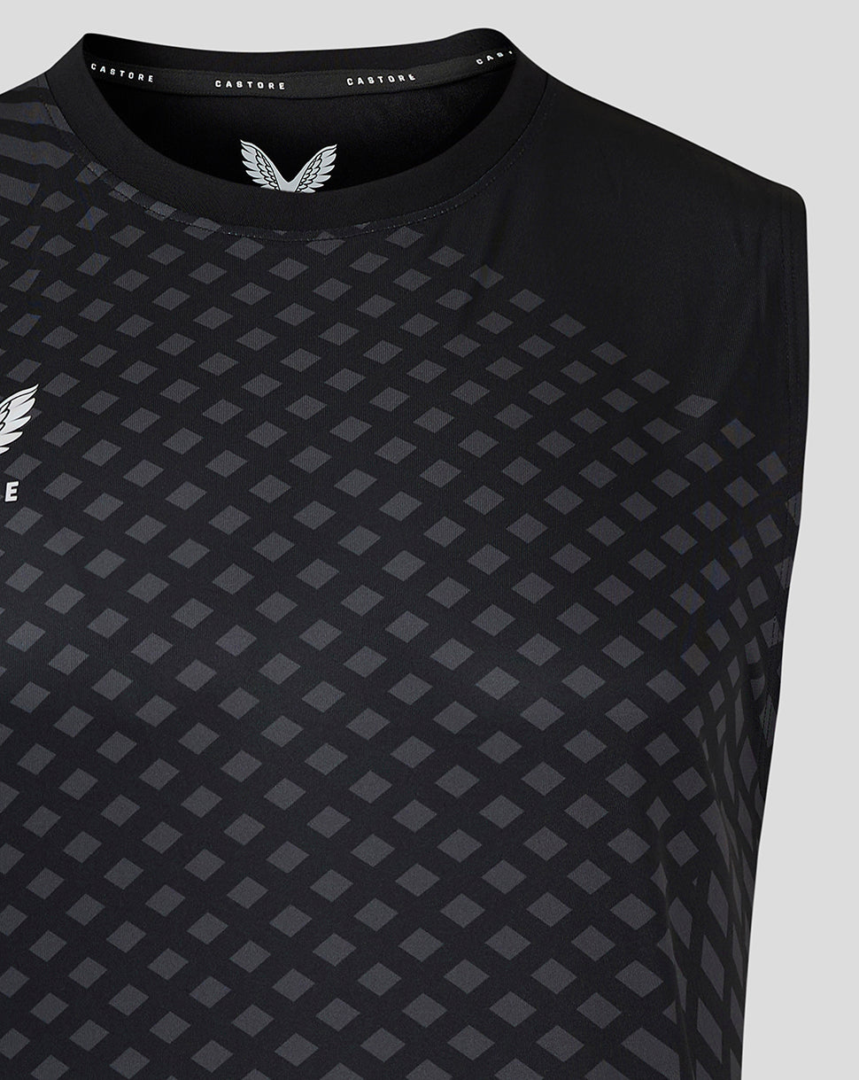 Top front view of Geometric Printed Mens Singlet in black with grey diamond pattern and black neckline