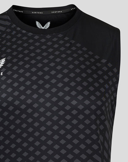 Top front view of Geometric Printed Mens Singlet in black with grey diamond pattern and black neckline