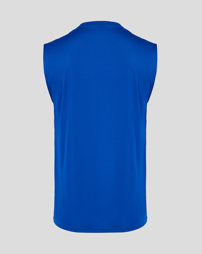Back view of royal blue sleeveless men's sport singlet.