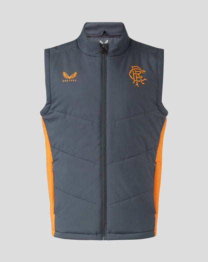Front view of Rangers Bench Gilet in dark navy with orange side panels chevron quilting and crest