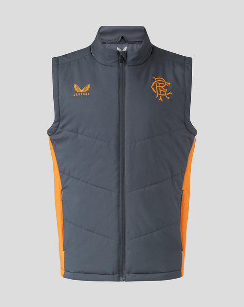 Front view of Rangers Bench Gilet in dark navy with orange side panels chevron quilting and crest