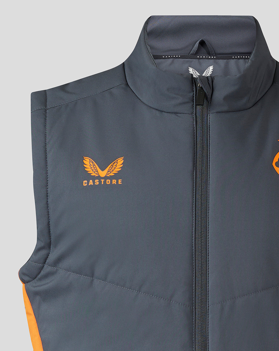 Front close up of dark blue gilet with orange Rangers crest on the left chest and central front zipper.