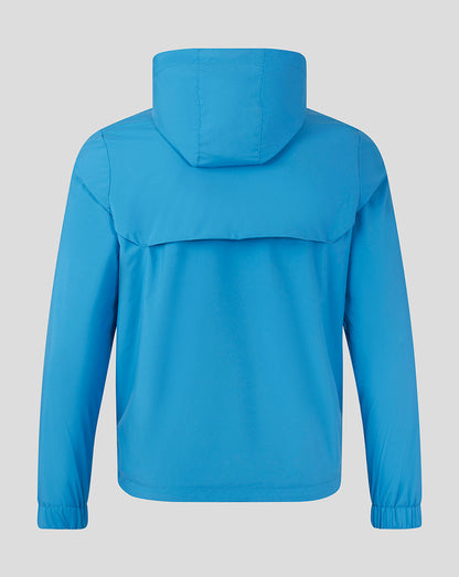 Back view of blue lightweight training jacket with hood