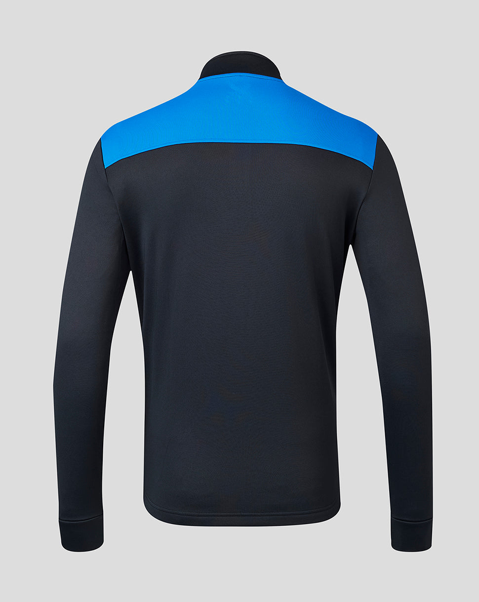 Rear view of the black and blue training fleece showing blue shoulder panels on the upper back
