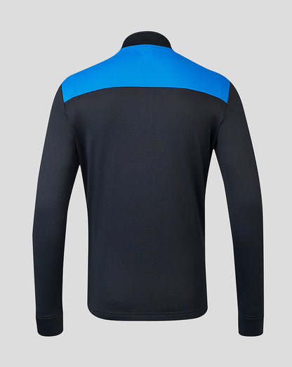 Rear view of the black and blue training fleece showing blue shoulder panels on the upper back