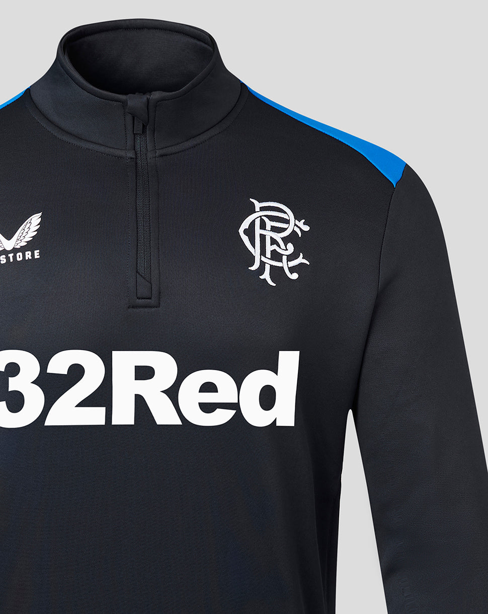 Back view of black and blue matchday training fleece with bright blue shoulder panels