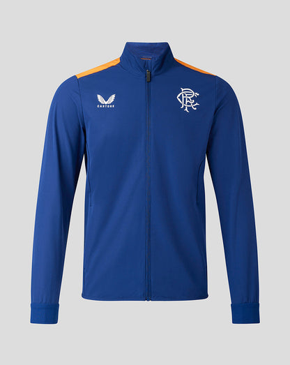 Rangers blue training jacket with orange shoulder panels and club crest on the chest.