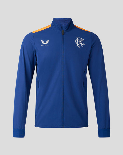 Rangers blue training jacket with orange shoulder panels and club crest on the chest.