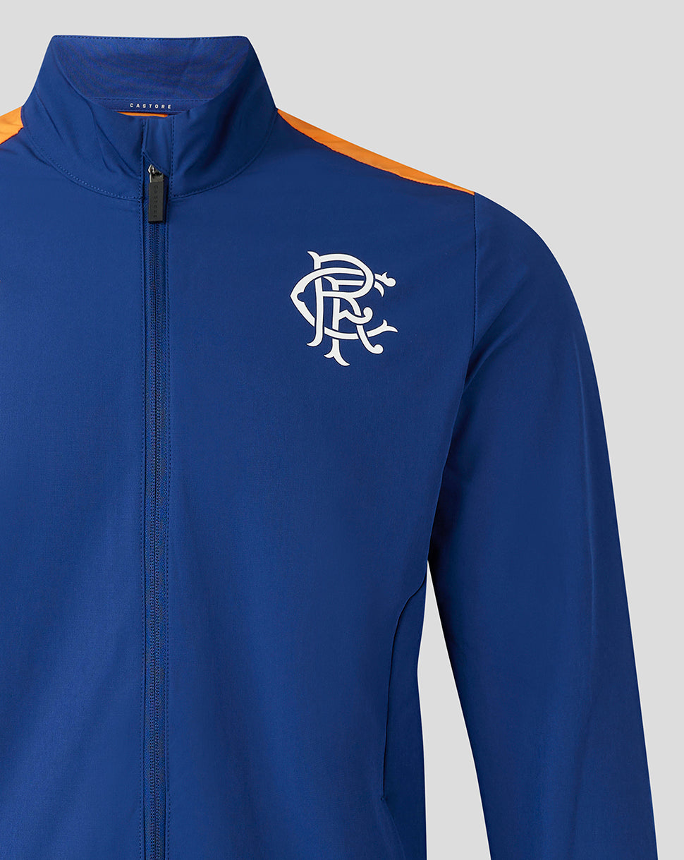 Blue Rangers jacket showing orange shoulder stripe and white chest crest on the front