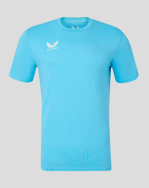 Aquarius blue men's cotton leisure tee with white Castore crest on the chest
