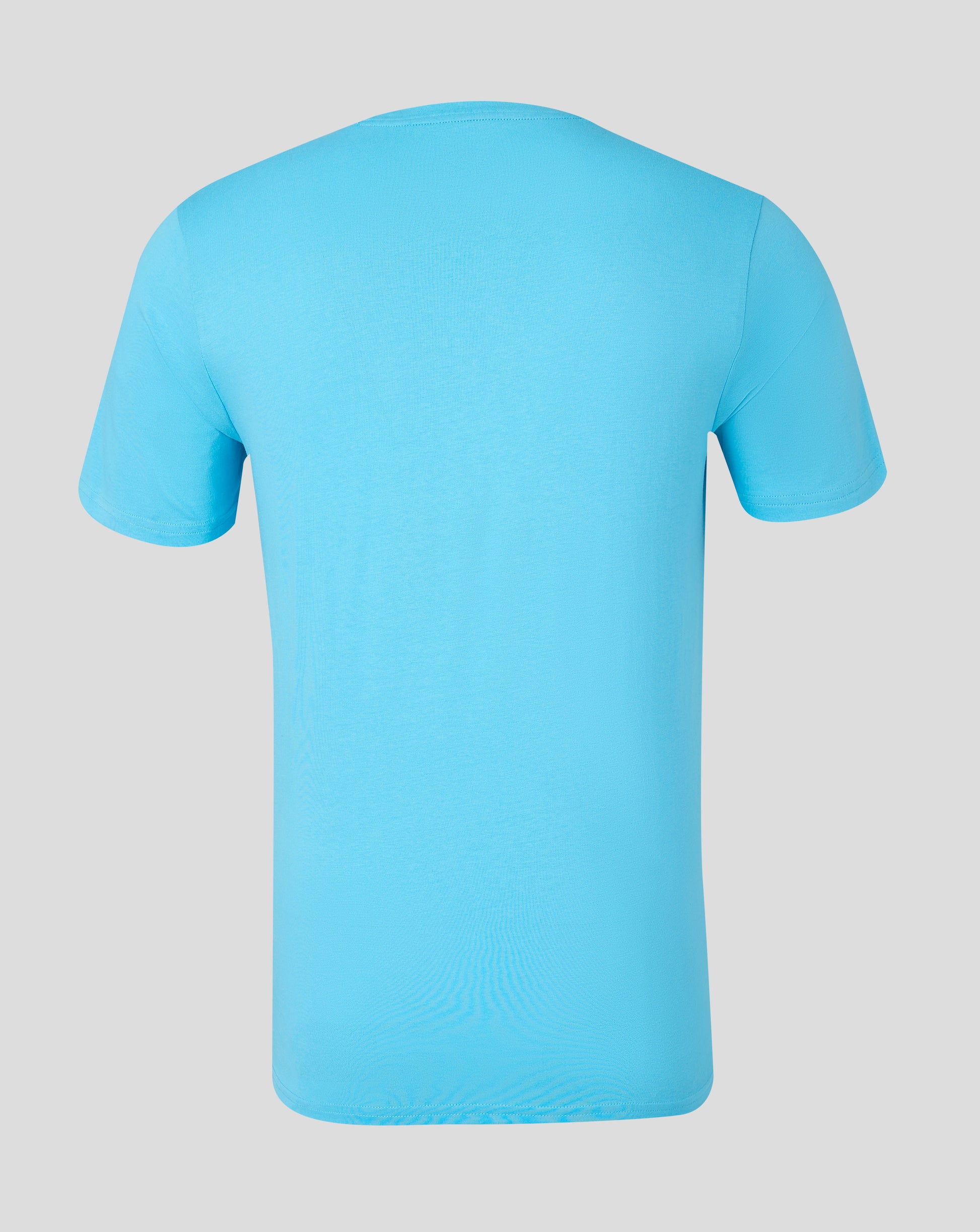 Back view of light blue Aquarius tee showing self fabric crew neck and forward shoulder seam