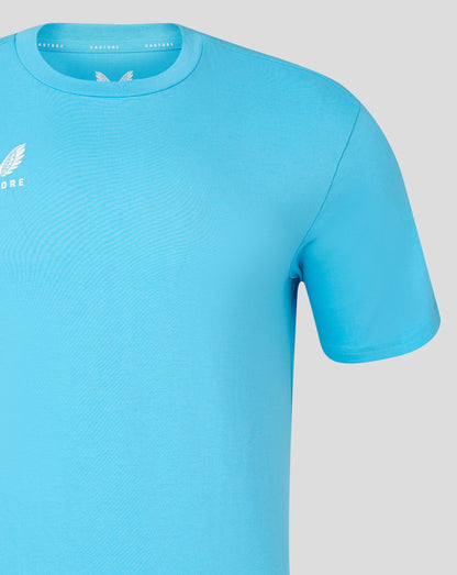 Blue crew neck tee with inner label along collar and small white Castore logo on the left chest