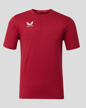 Front view of red Castore Men's Cotton Leisure Tee with white wing logo on left chest