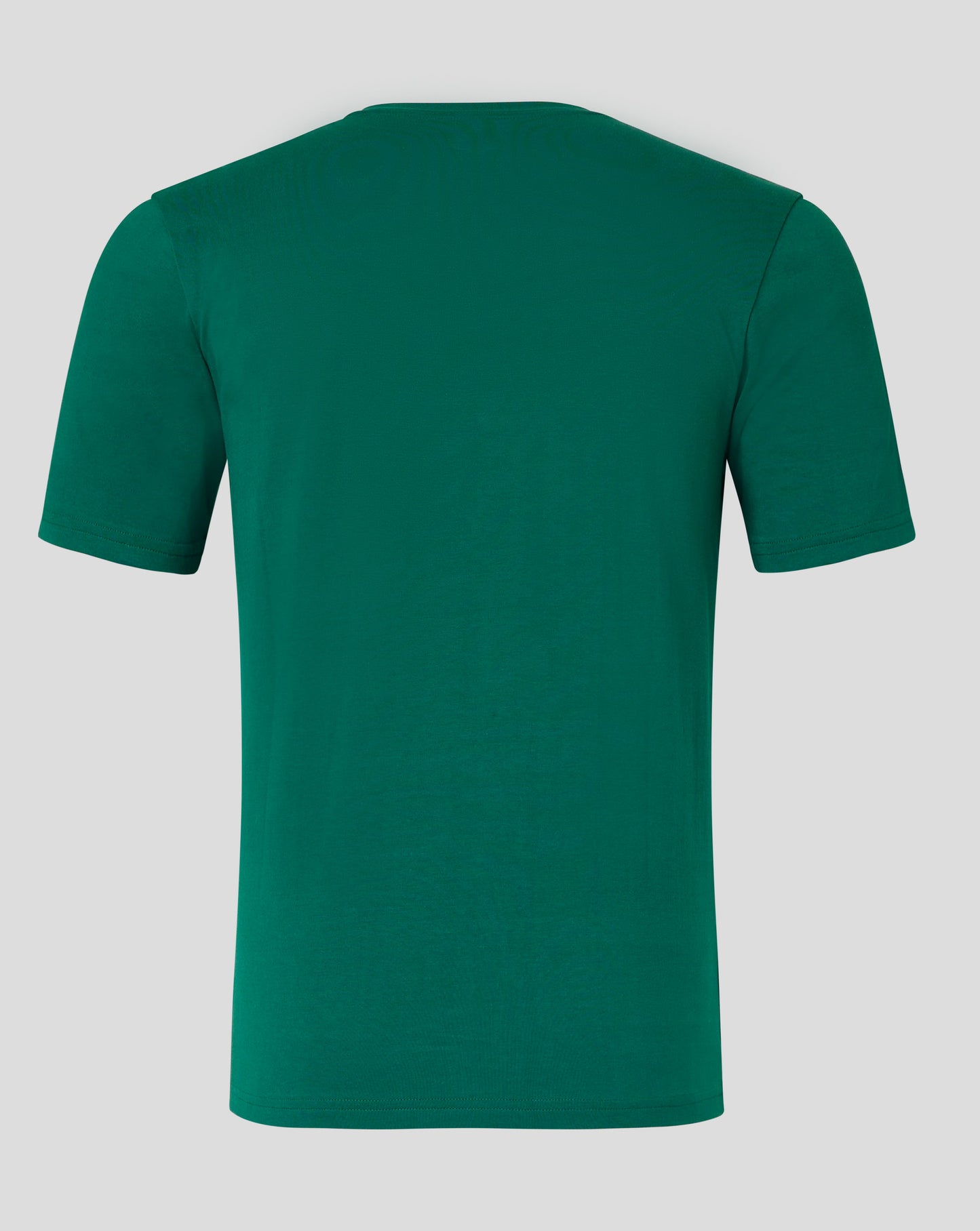 Back view of emerald green men's cotton leisure tee showing crew neck and forward shoulder seam.