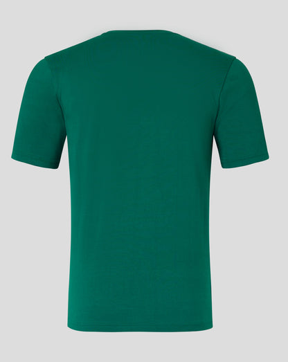 Back view of emerald green men's cotton leisure tee showing crew neck and forward shoulder seam.