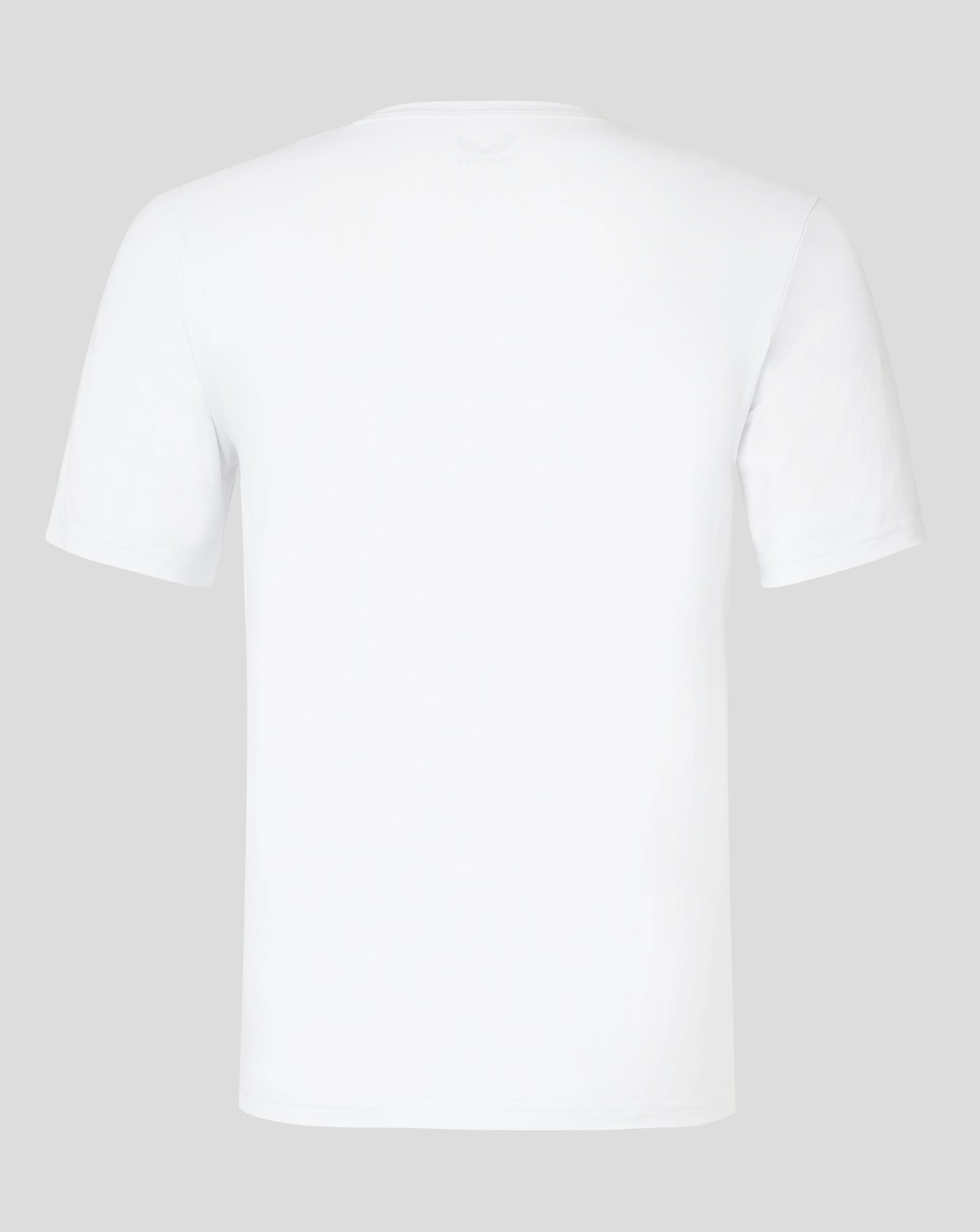 Back view of brilliant white cotton leisure tee with a small Castore logo at the neckline.