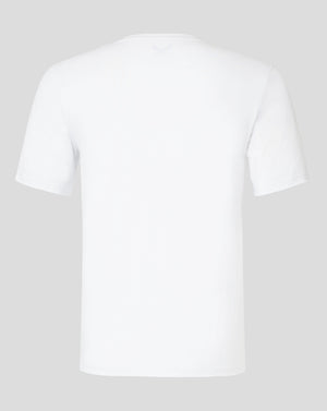 Back view of brilliant white cotton leisure tee with a small Castore logo at the neckline.