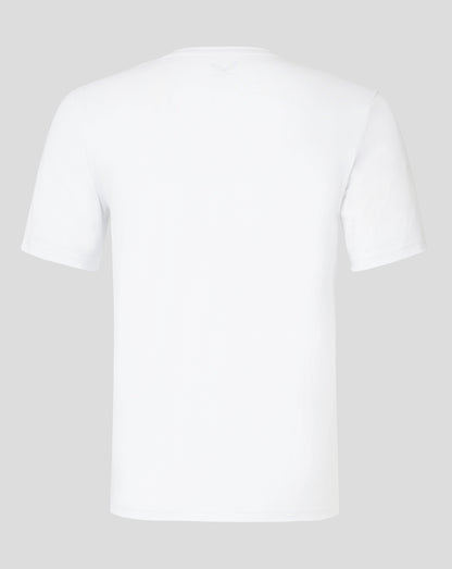 Back view of brilliant white cotton leisure tee with a small Castore logo at the neckline.