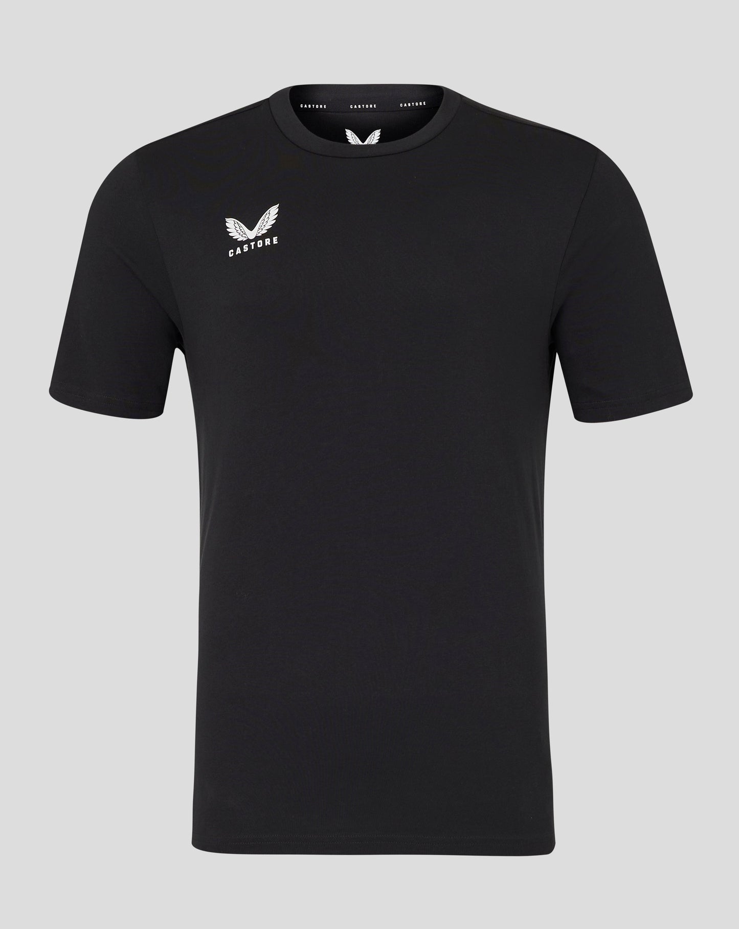 Front view of black Castore tee with white wing logo on left chest.