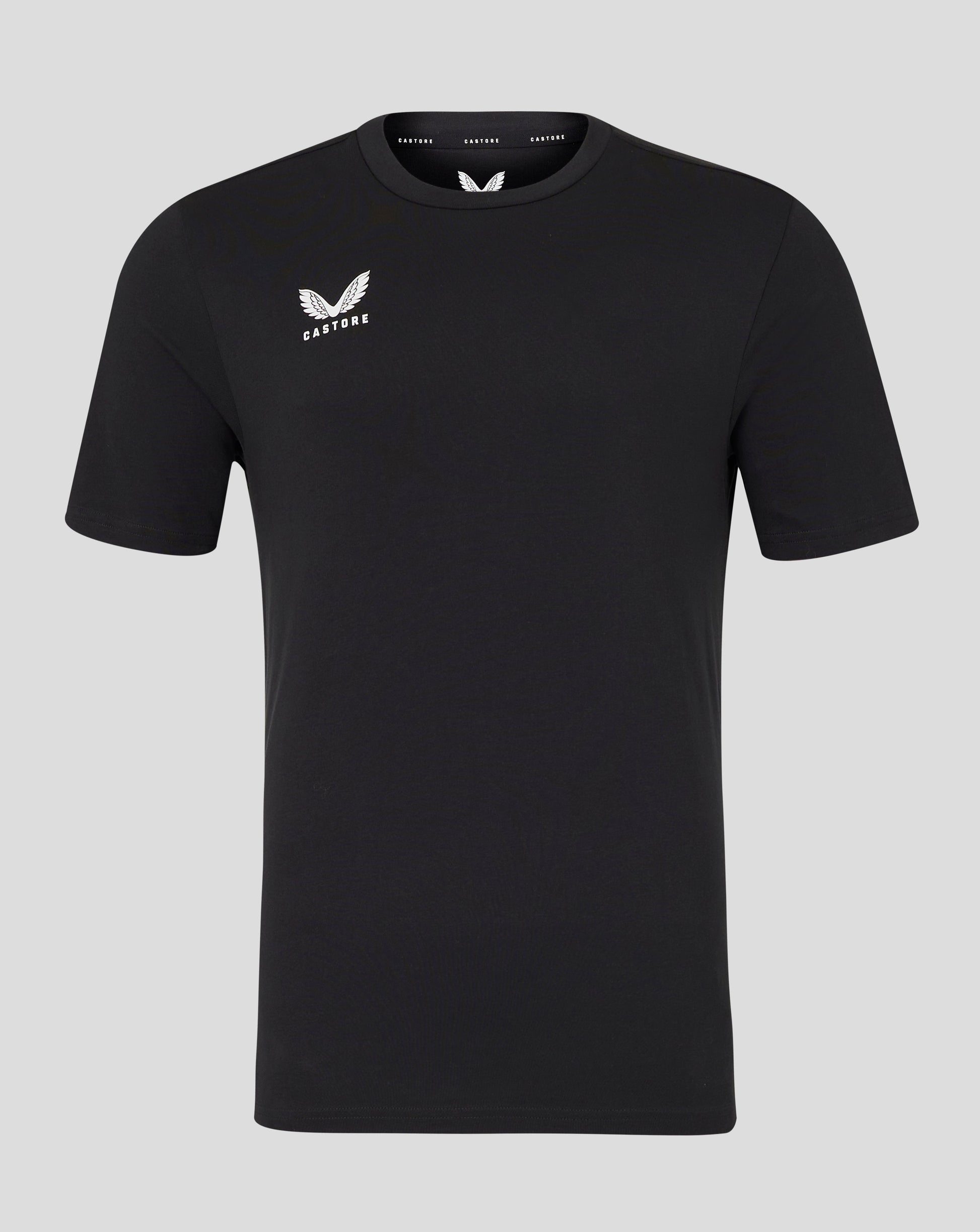 Front view of black Castore tee with white wing logo on left chest.