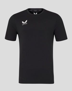 Front view of black Castore tee with white wing logo on left chest.