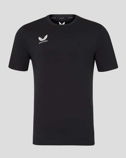 Front view of black Castore tee with white wing logo on left chest.