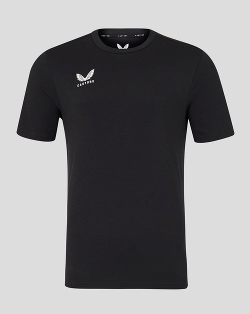 Front view of black Castore tee with white wing logo on left chest.