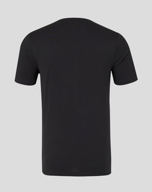 Back view of black Castore tee with white wing logo at the neckline.