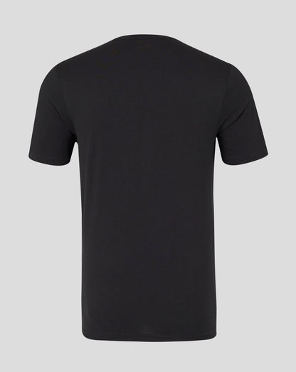 Back view of black Castore tee with white wing logo at the neckline.