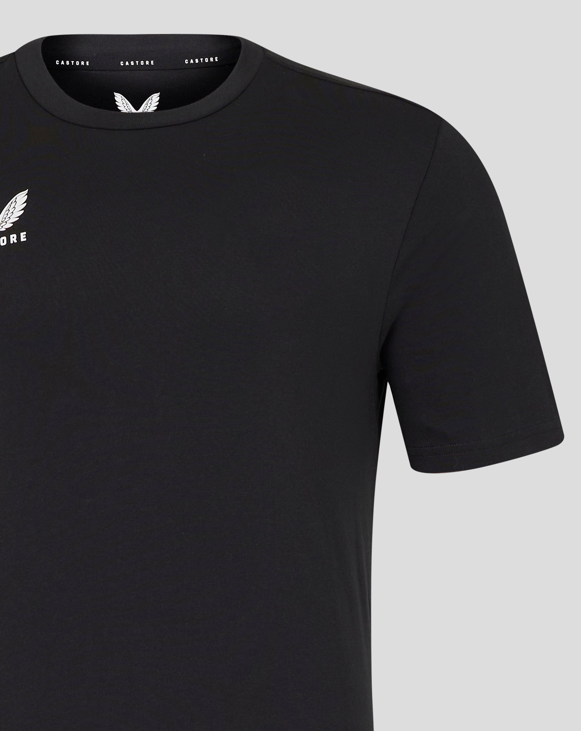 Black men's cotton leisure tee with crew neck and white Castore wing logo on the left chest.
