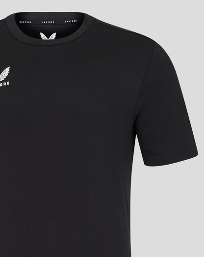Black men's cotton leisure tee with crew neck and white Castore wing logo on the left chest.