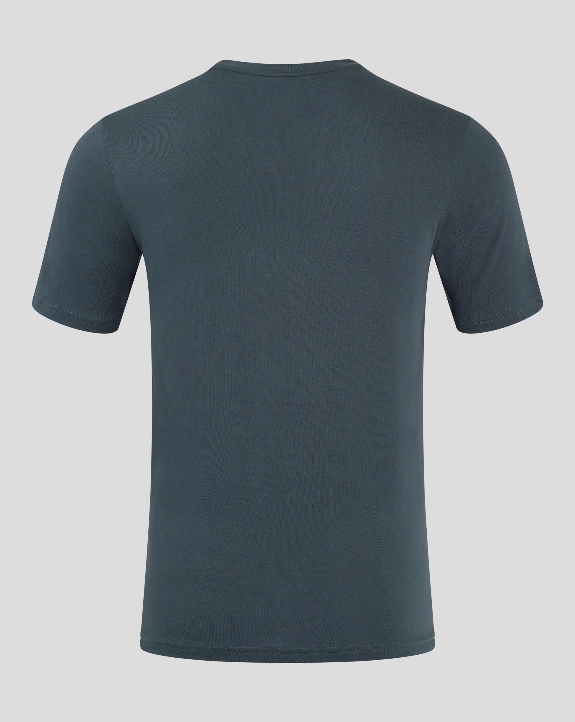 Back view of dark slate cotton leisure tee with short sleeves and clean silhouette