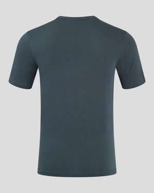 Back view of dark slate cotton leisure tee with short sleeves and clean silhouette