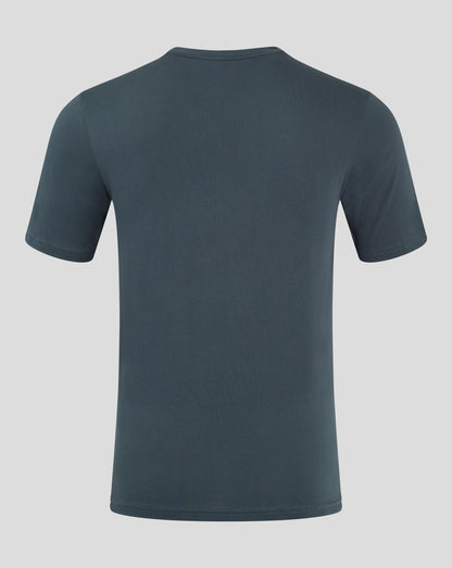 Back view of dark slate cotton leisure tee with short sleeves and clean silhouette