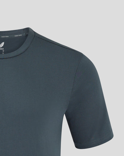 Dark slate leisure tee shown from front with visible Castore branding on neck tape