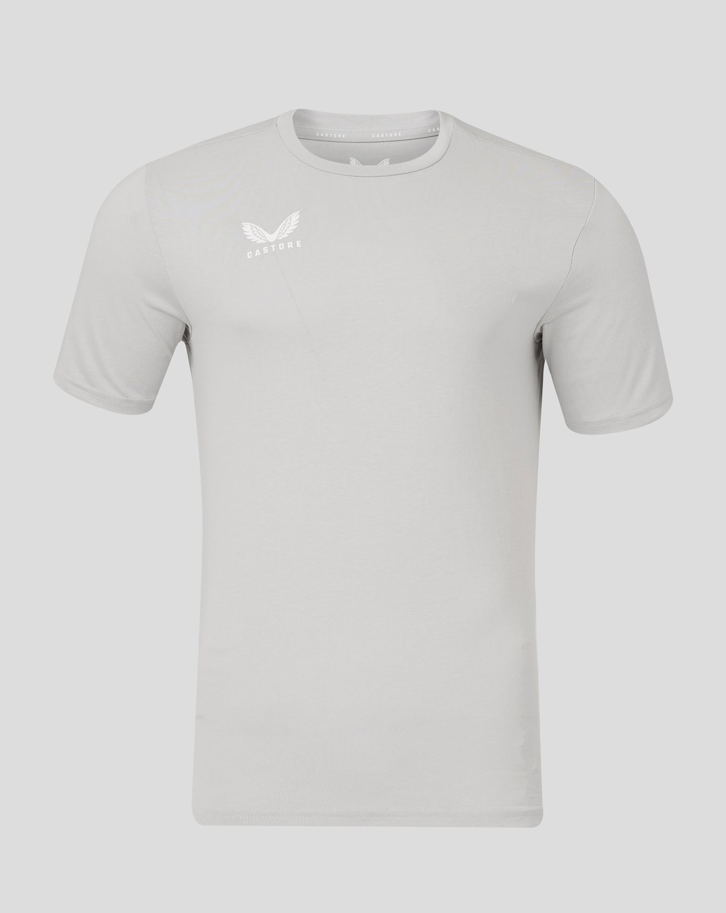 Front view of light gray men's cotton leisure tee with self fabric crew neck collar and Castore logo on chest