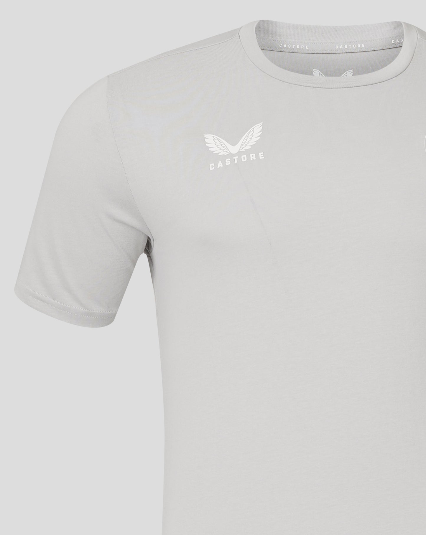 Front view of light gray Men's Cotton Leisure Tee with white Castore logo on chest
