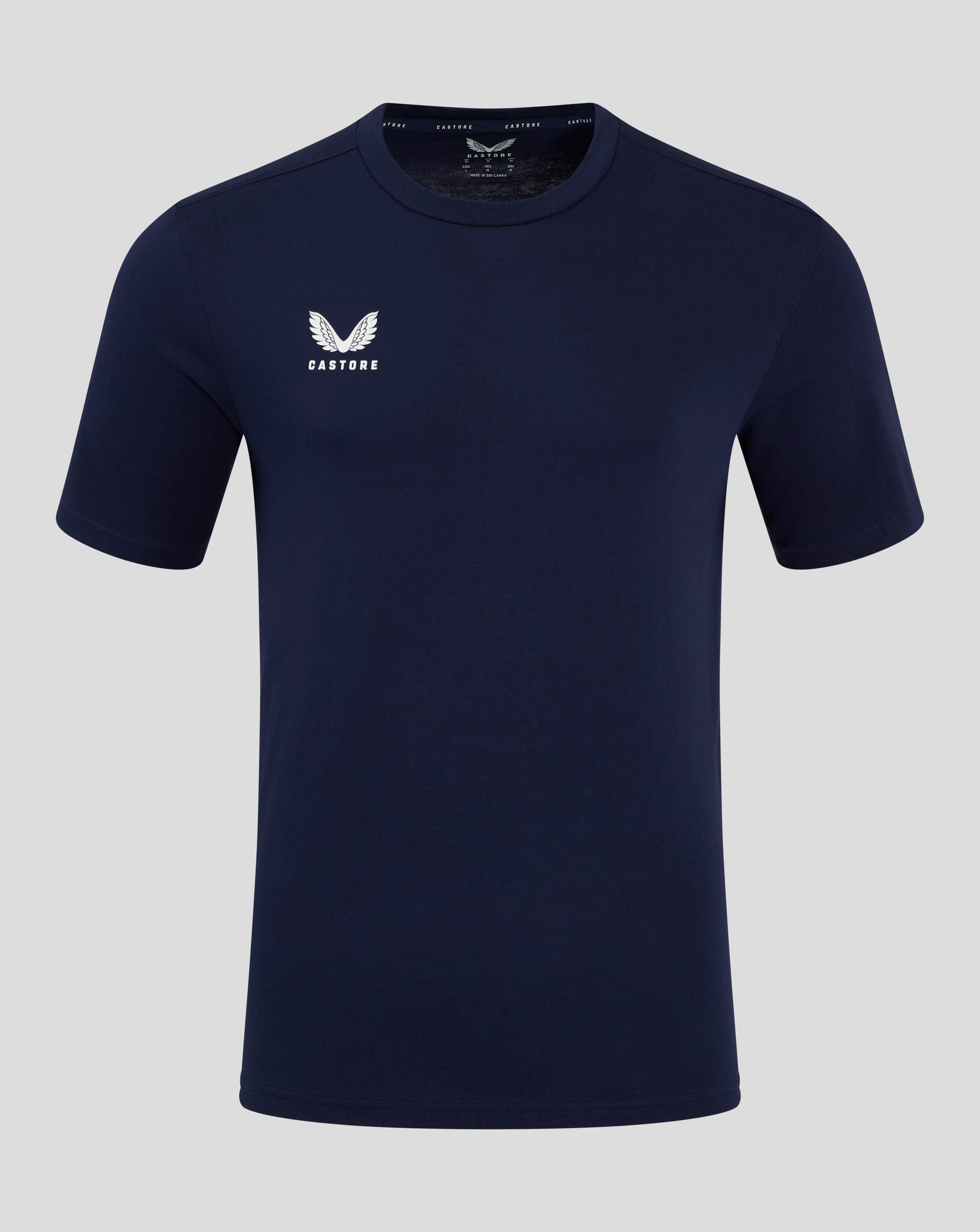 Front view of navy cotton leisure tee with white winged Castore logo on the left chest