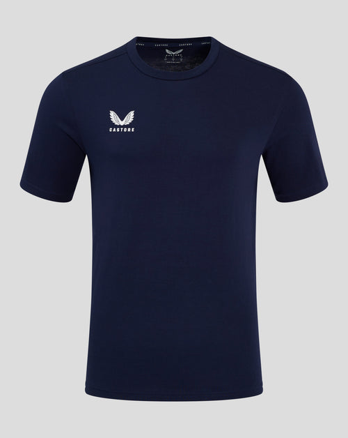 Front view of navy cotton leisure tee with white winged Castore logo on the left chest