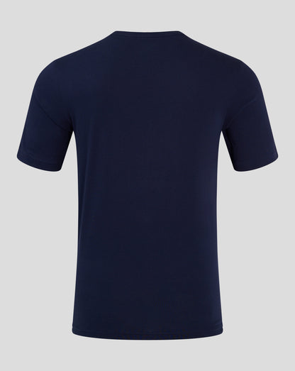 Back view of navy Castore tee with plain fabric and crew neck