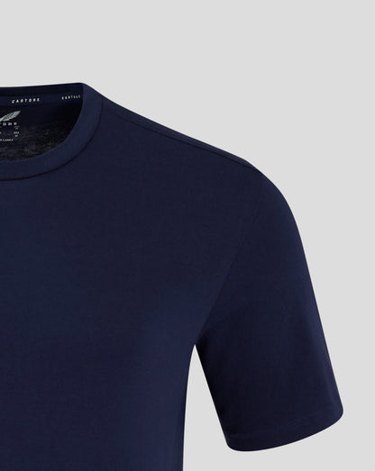 Navy mens cotton leisure tee close up of collar showing crew neck and forward shoulder seam with Castore branding